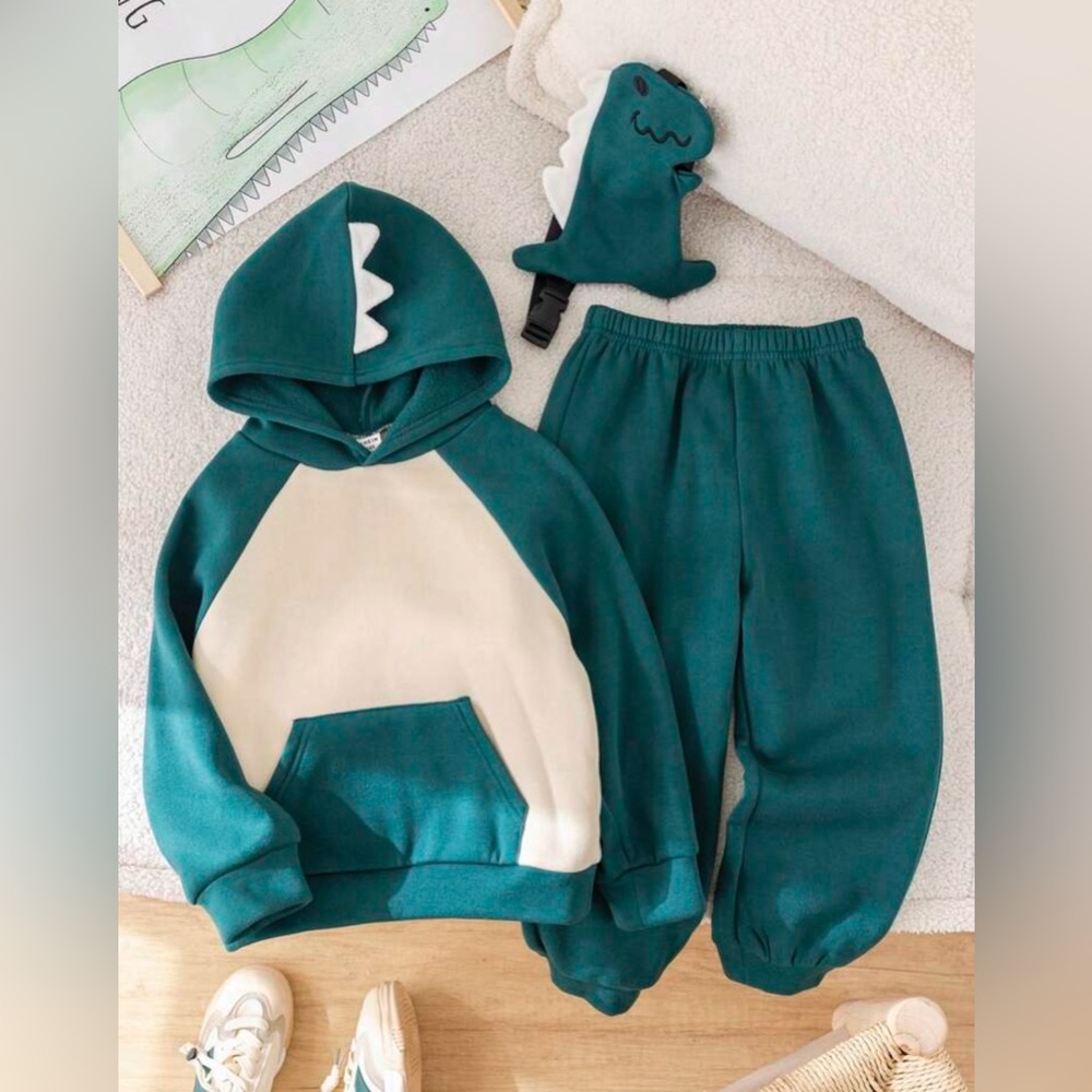Sz 4Y Shein 3 pcs set boys Green Dinosaur Hoodie and Pants Set - Picture 3 of 16